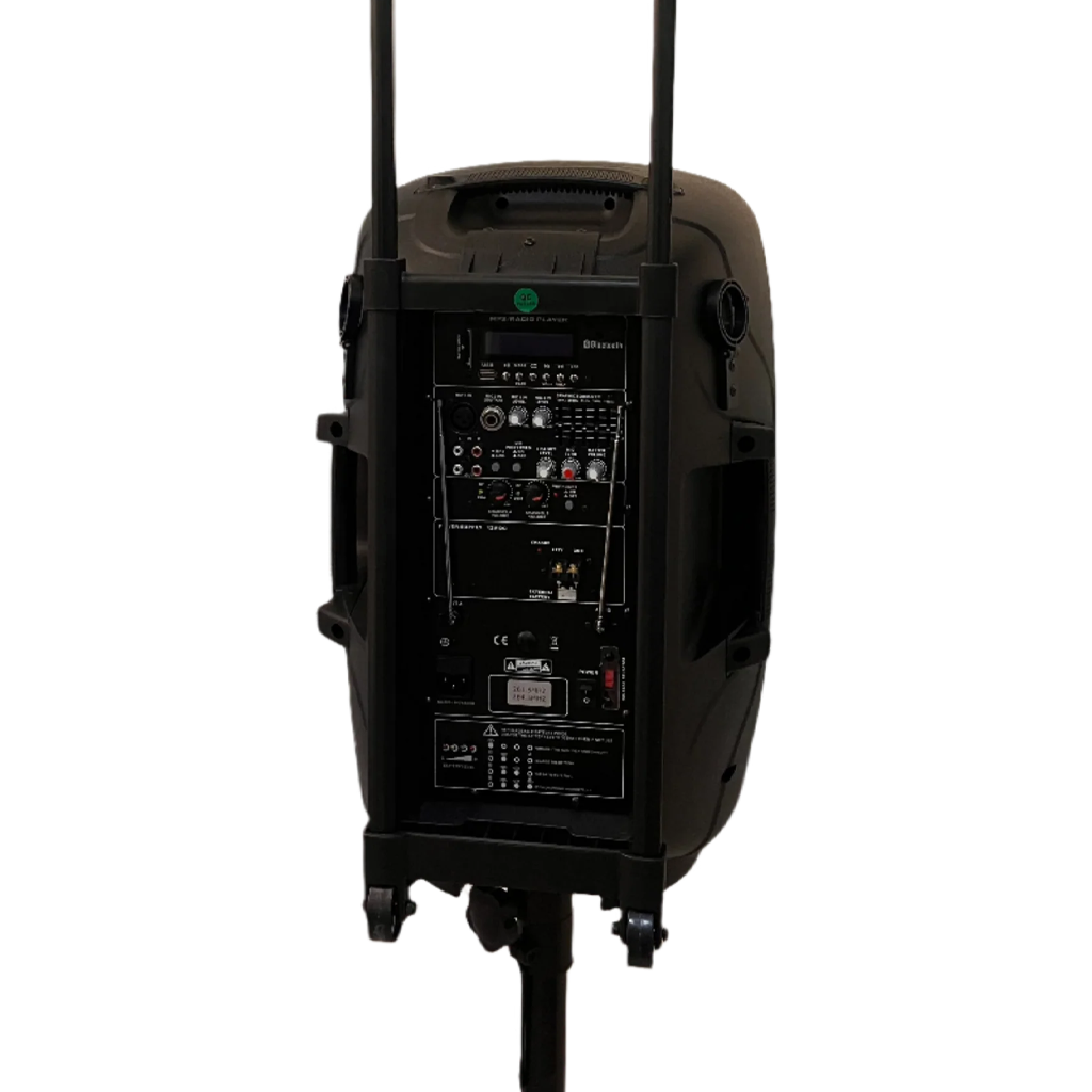 12" Battery-Powered Rolling Sound System w/ Dual Wireless Mics & Stand