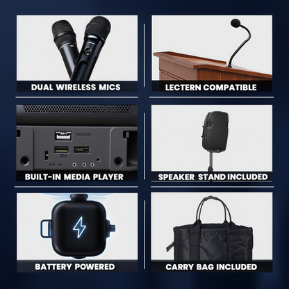 12" Wireless Podium Sound System w/ Dual Microphones & Stand